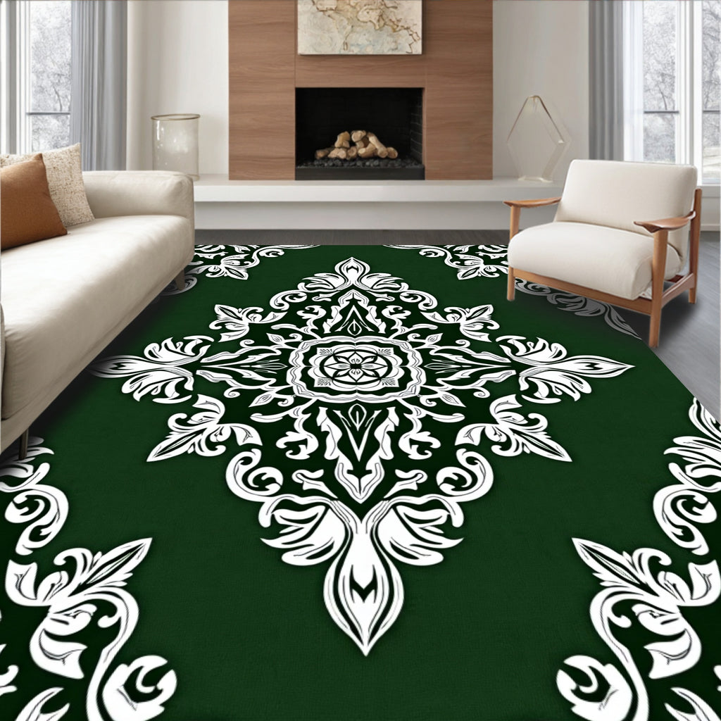 Intricate White Floral Emerald Pattern Rug