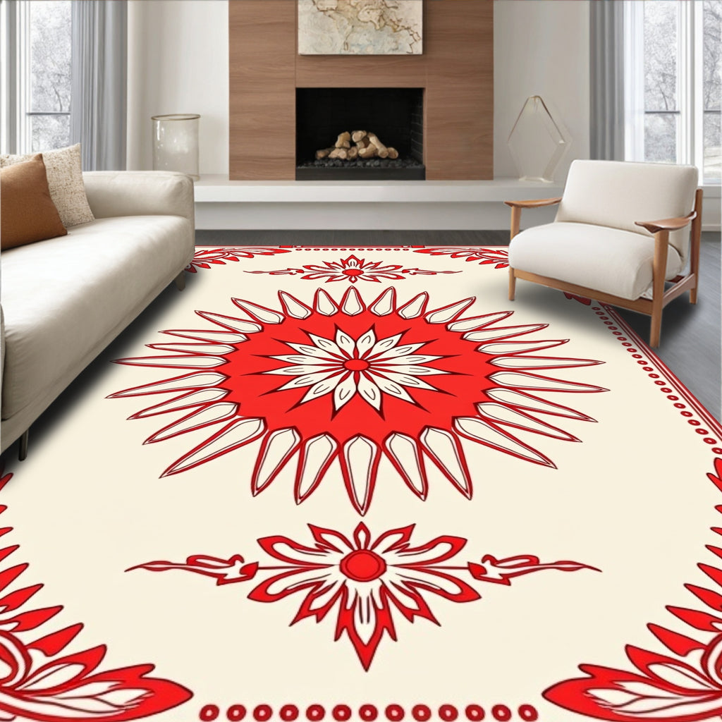 Red Floral Sunburst Border Pattern Rug