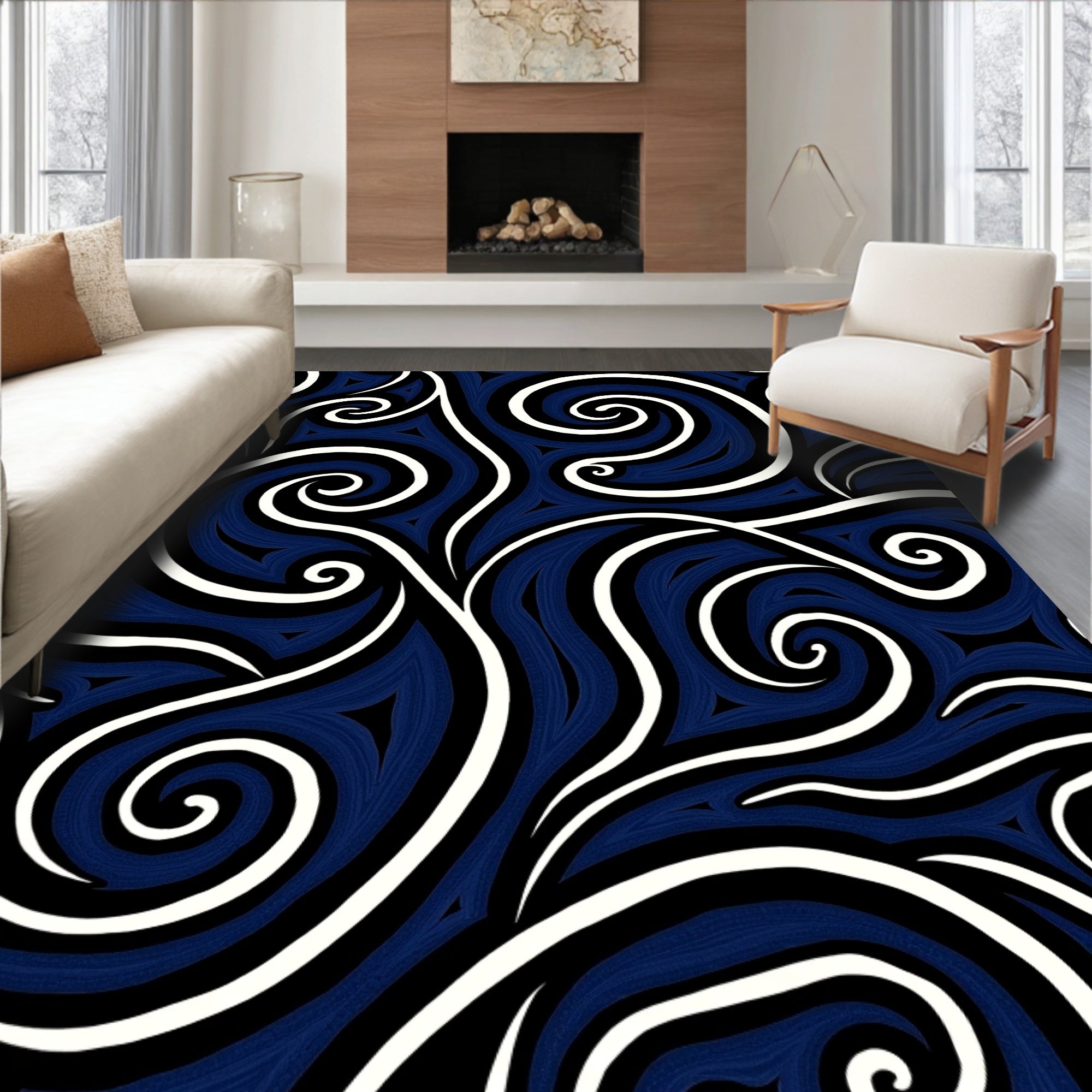 Dark Blue Swirls Abstract Pattern Rug