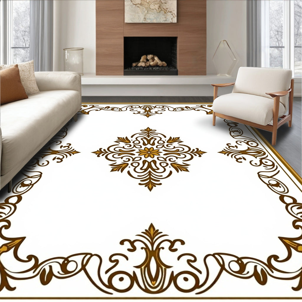 Elegant Gold Brown Scroll Medallion Rug