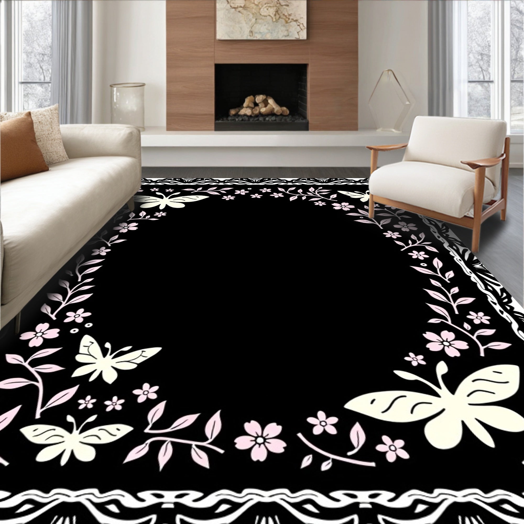 Cream Butterfly Floral Lace Design Rug