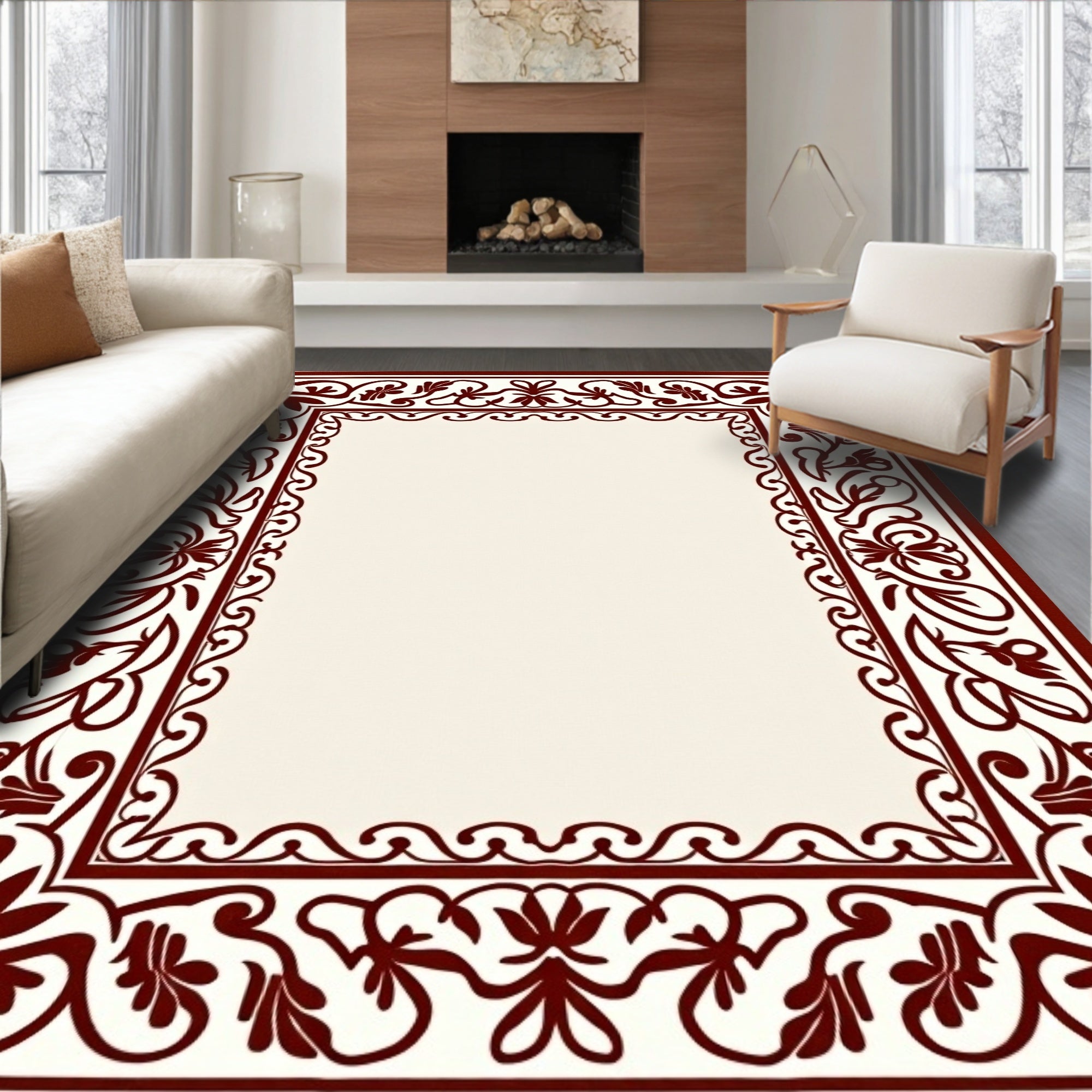 Elegant Cream and Burgundy Floral Border Rug