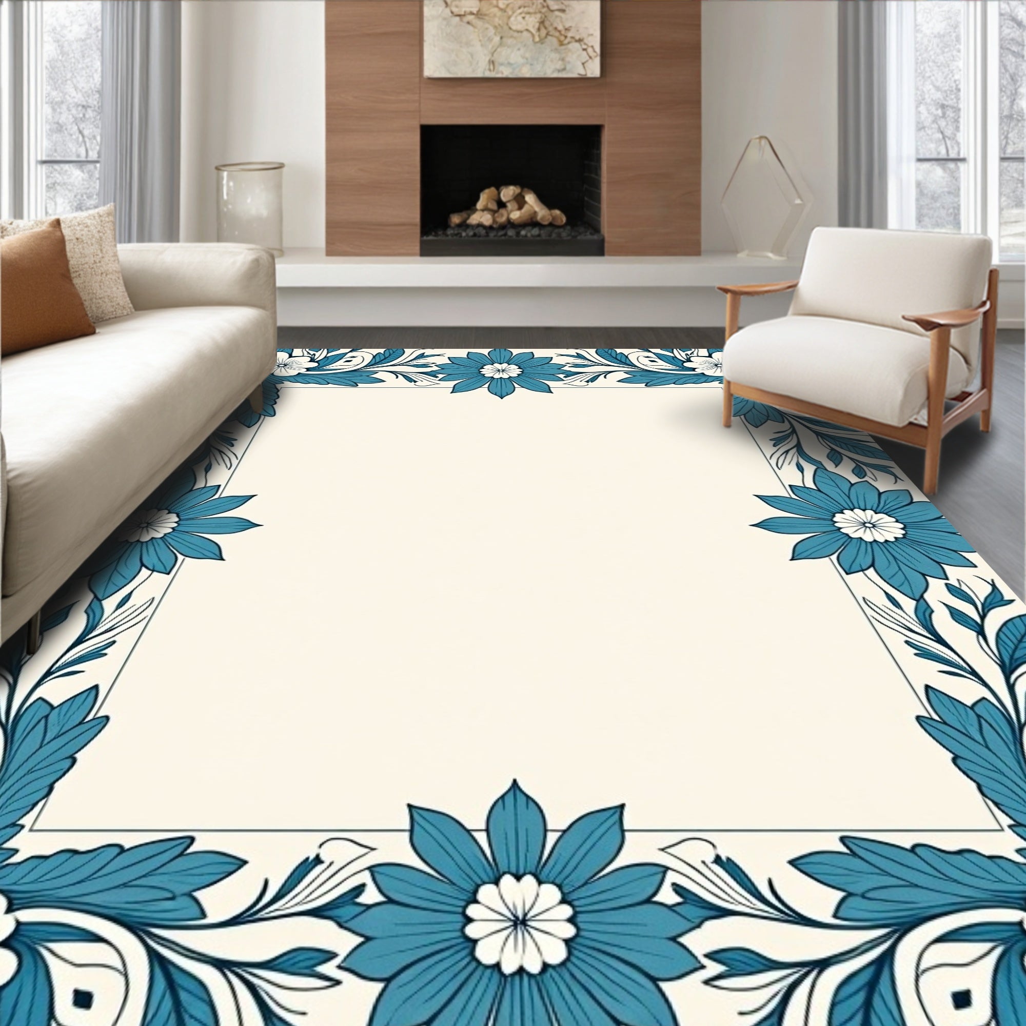 Teal Floral Decorative Border Rug
