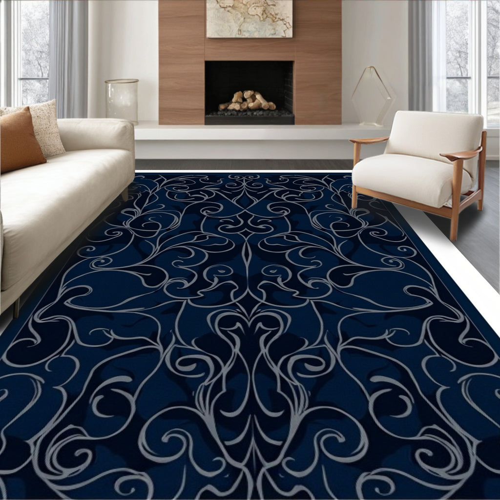 Dark Navy Swirl Floral Pattern Rug