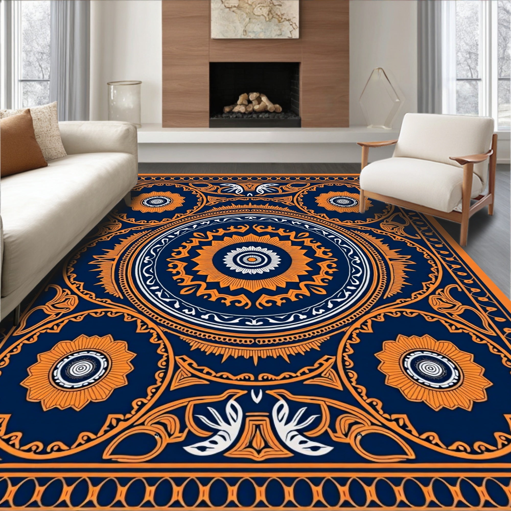 Ornate Orange Navy Mandala Design Rug