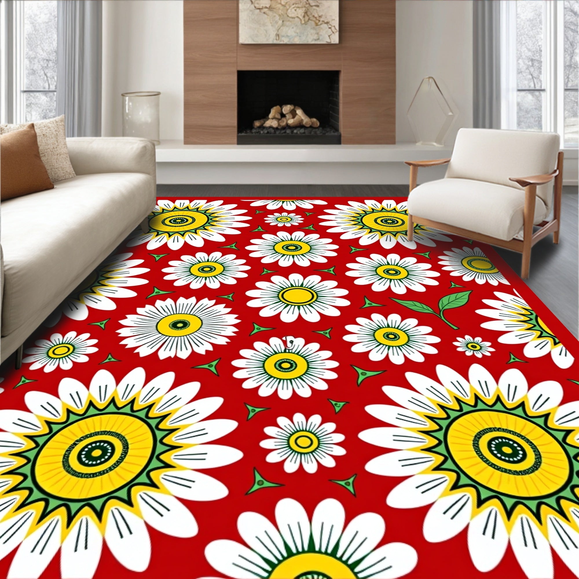 Bold Floral Pattern With Yellow Centers Rug