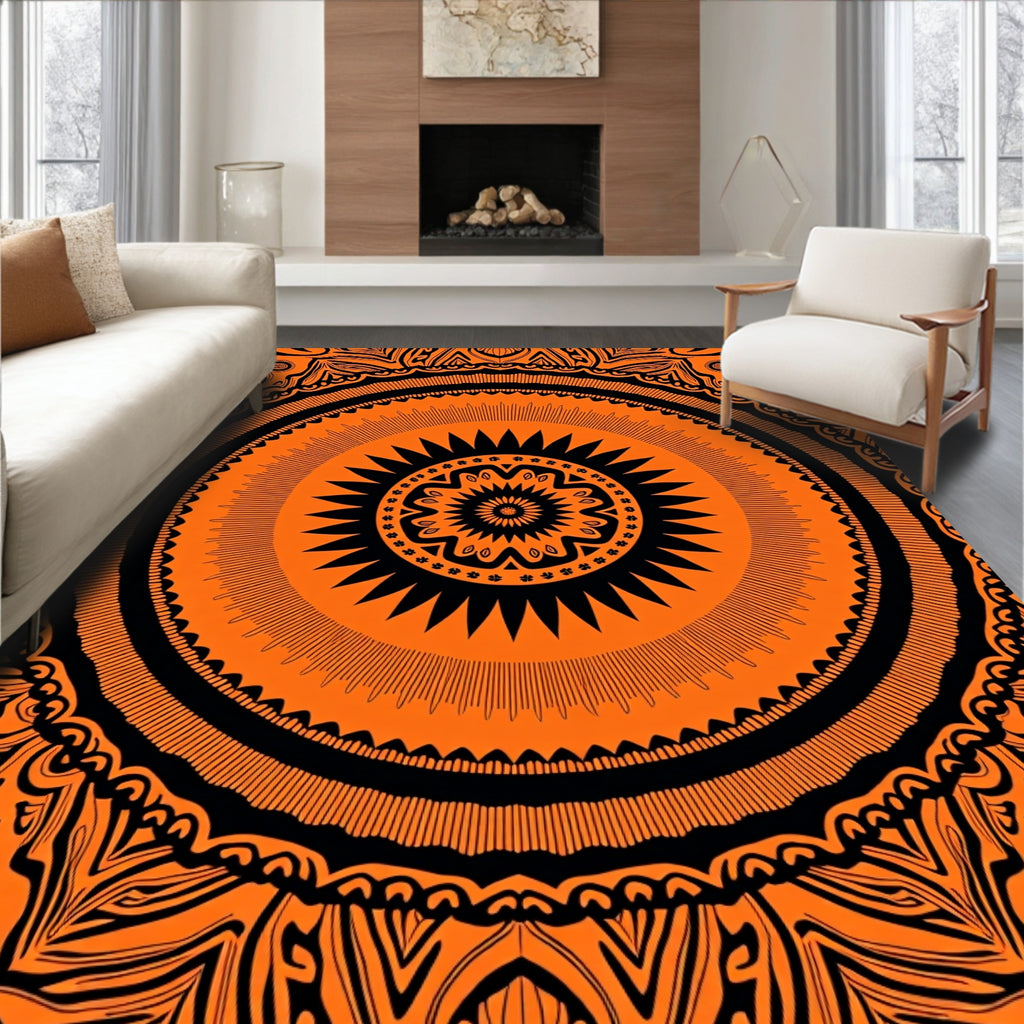 Vibrant Orange Black Mandala Pattern Rug