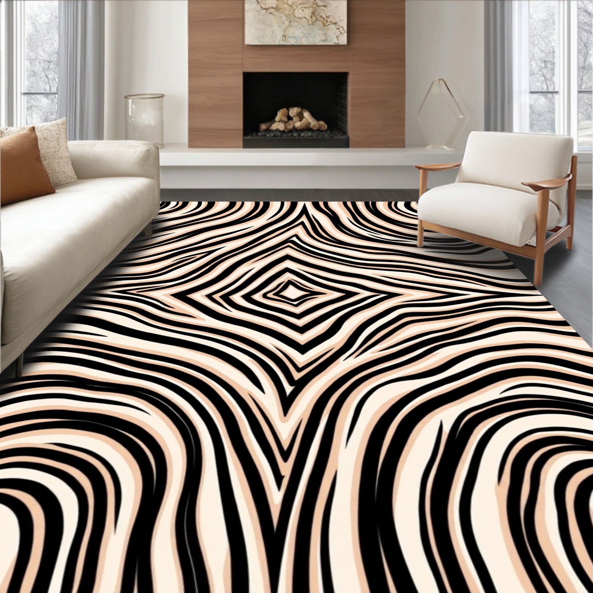 Black and Cream Abstract Wavy Rug