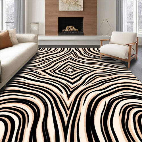 Black and Cream Abstract Wavy Rug