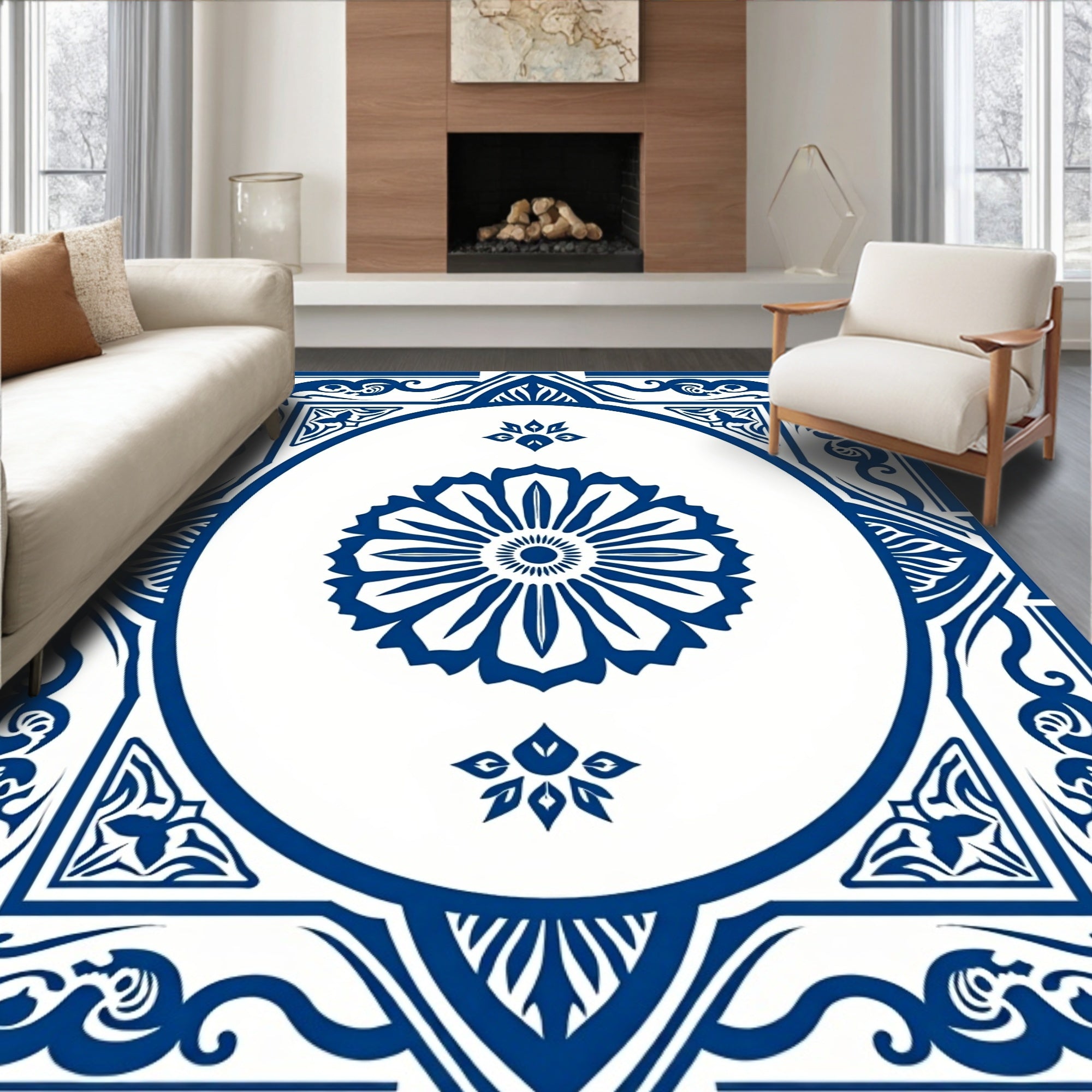 Classic Blue Floral Medallion Mandala Rug