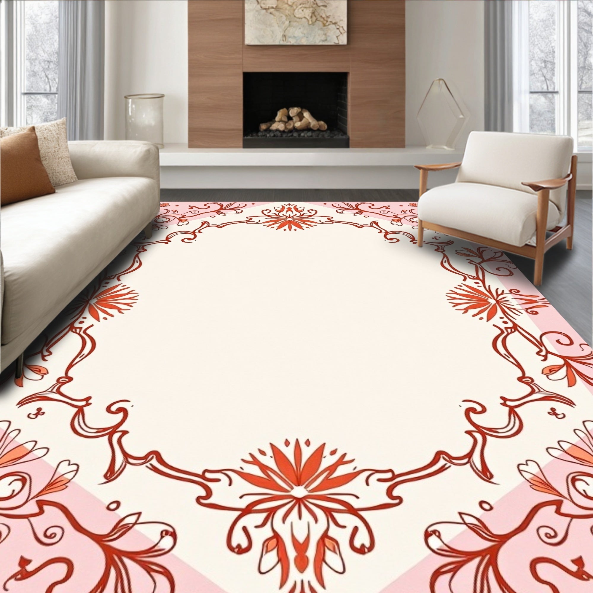 Floral Swirl Patterned Pink Rug