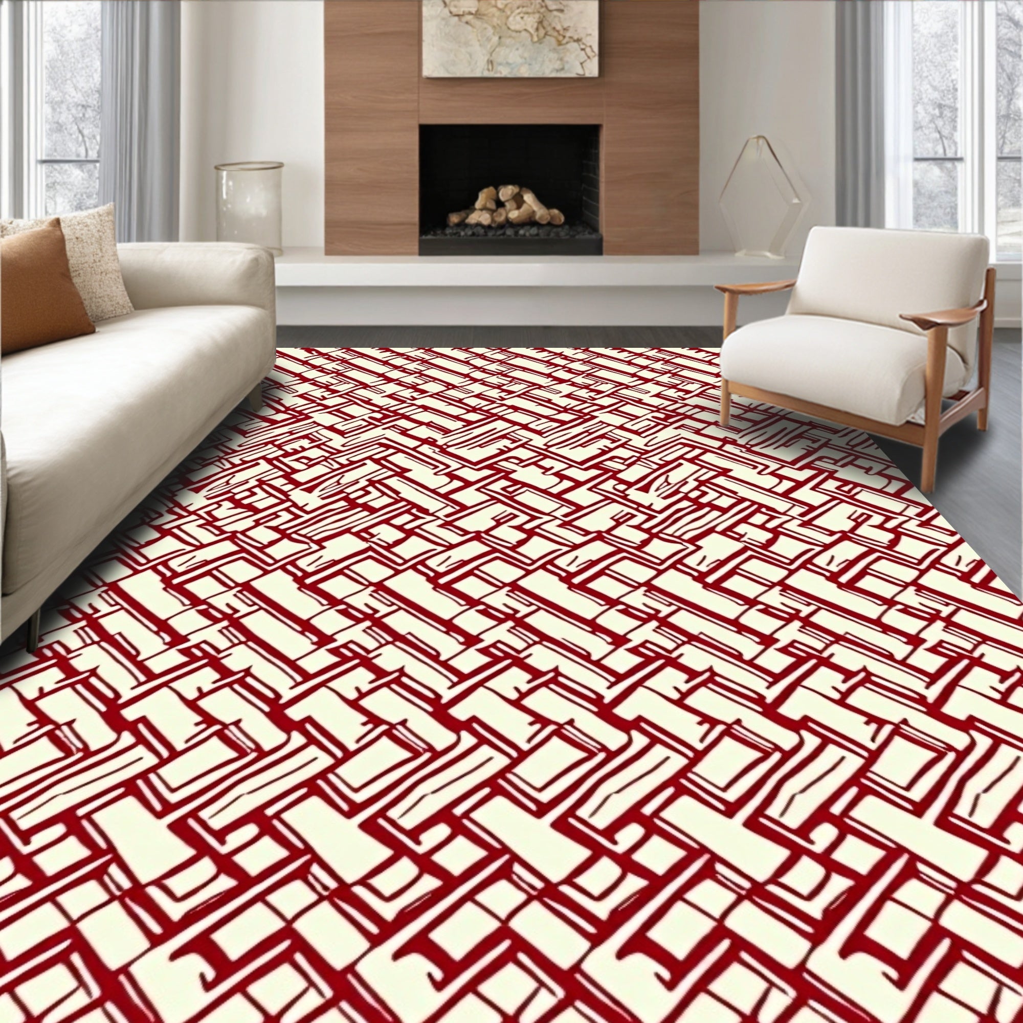 Red Cream Geometric Interlocking Pattern Rug