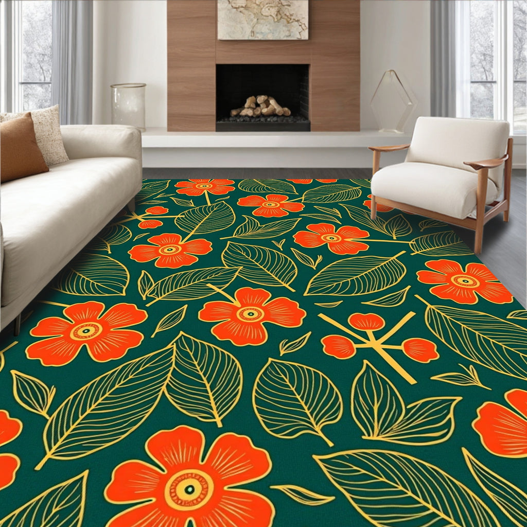 Orange Floral Leaf Pattern Rug