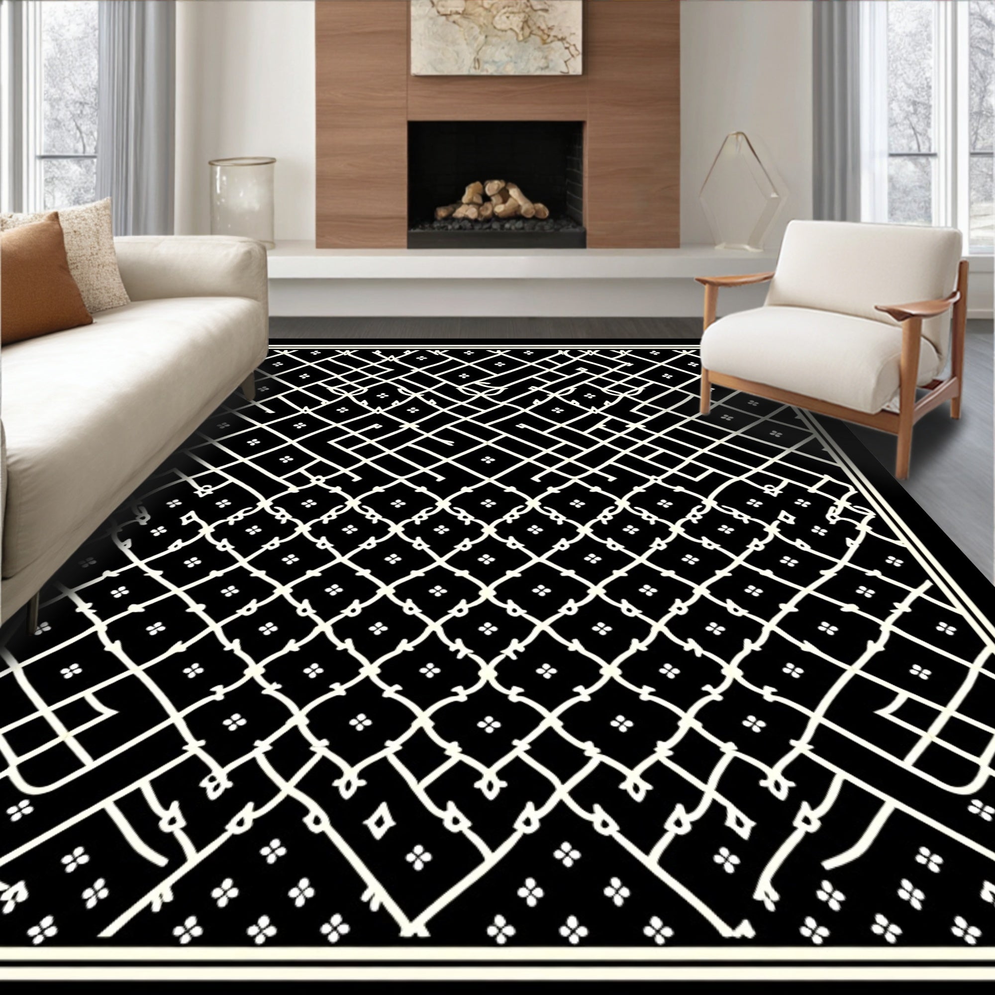 Intricate White Diamond Lattice Pattern Rug
