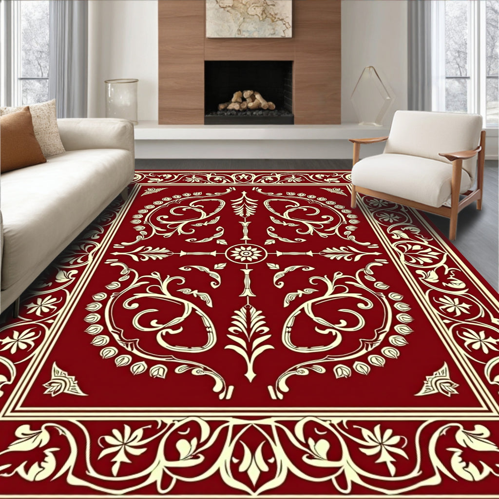 Crimson Ornamental Floral Swirl Rug