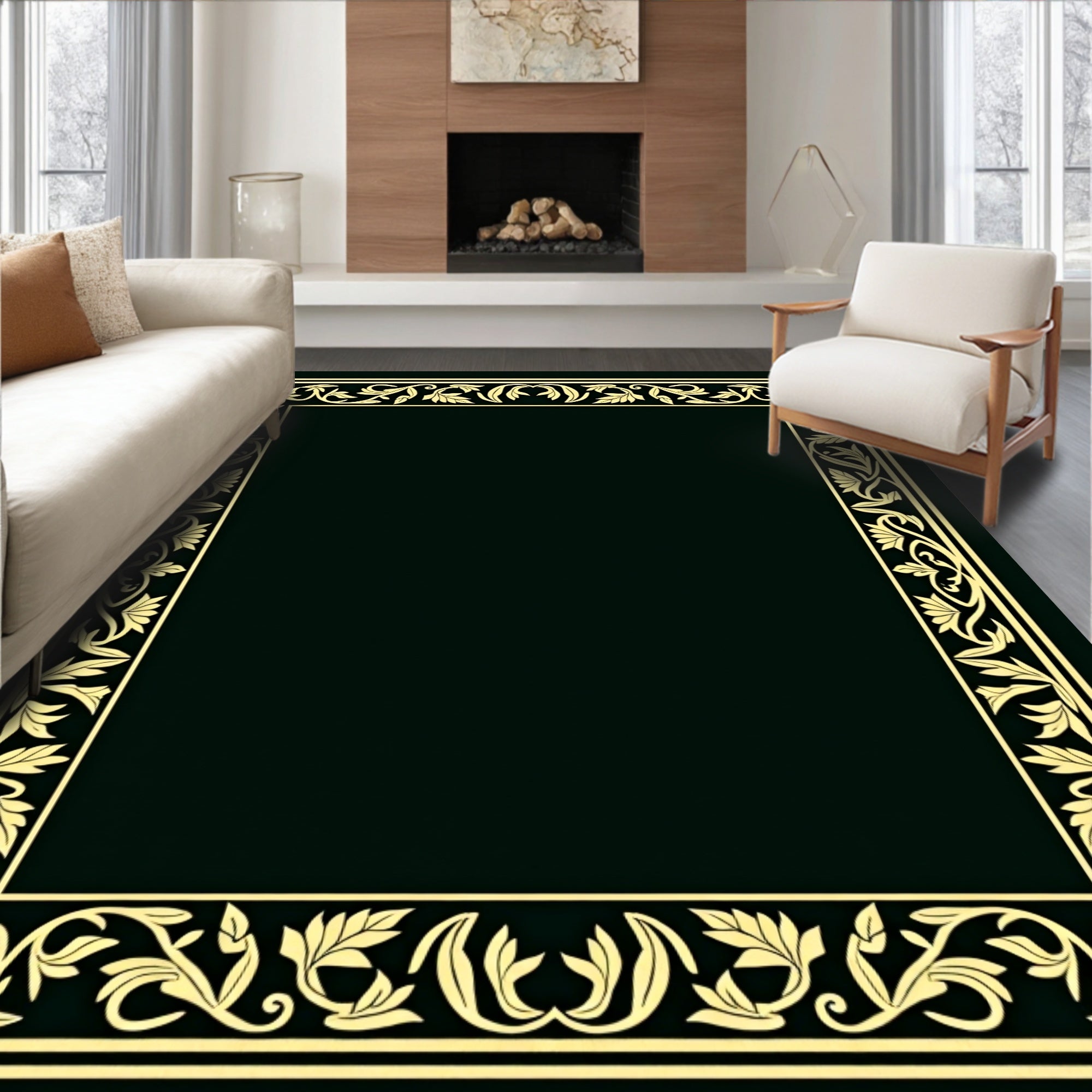 Golden Leaf Scroll Border Rug