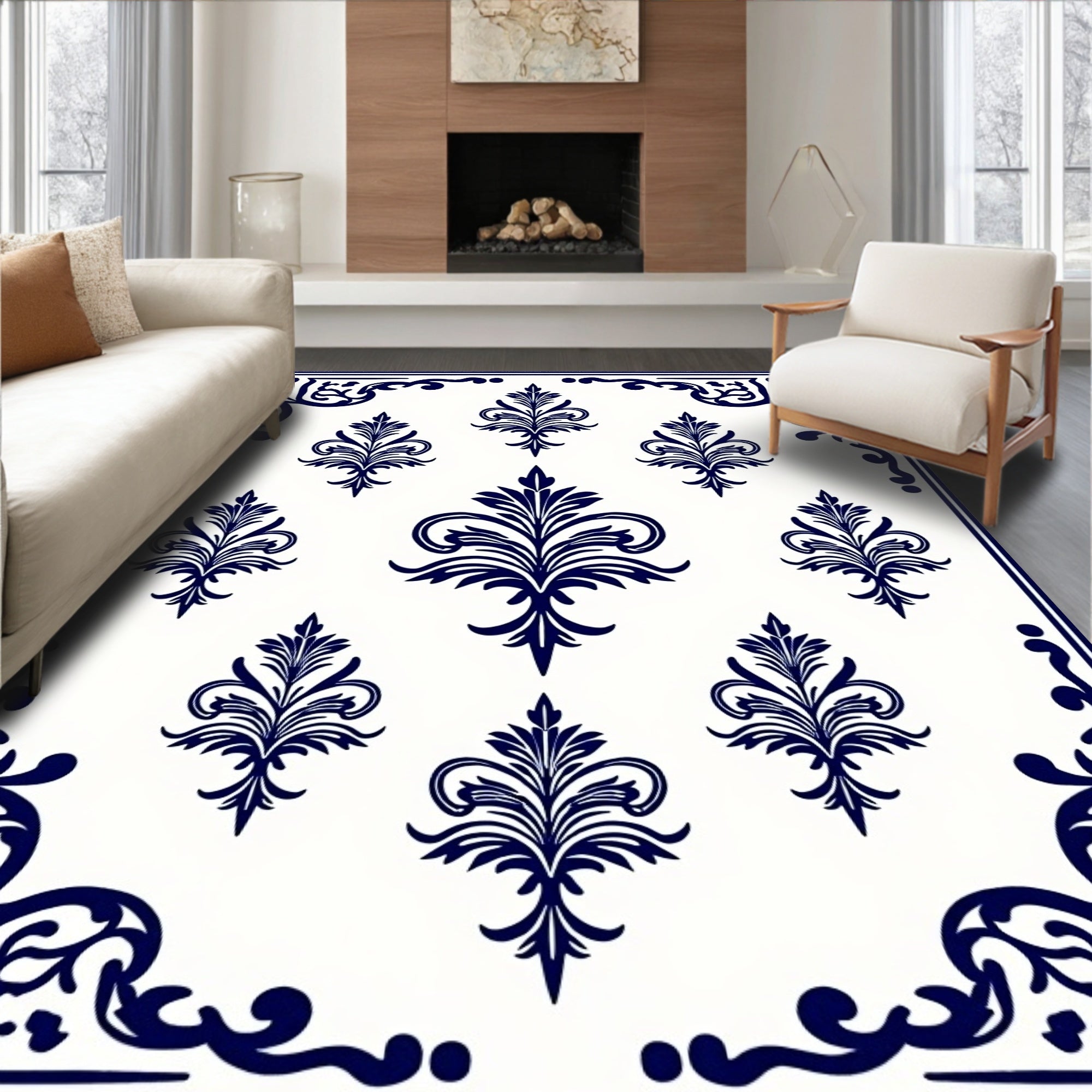 Classic Blue White Damask Floral Design Rug