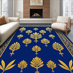 Royal Blue Gold Art Deco Floral Pattern Rug