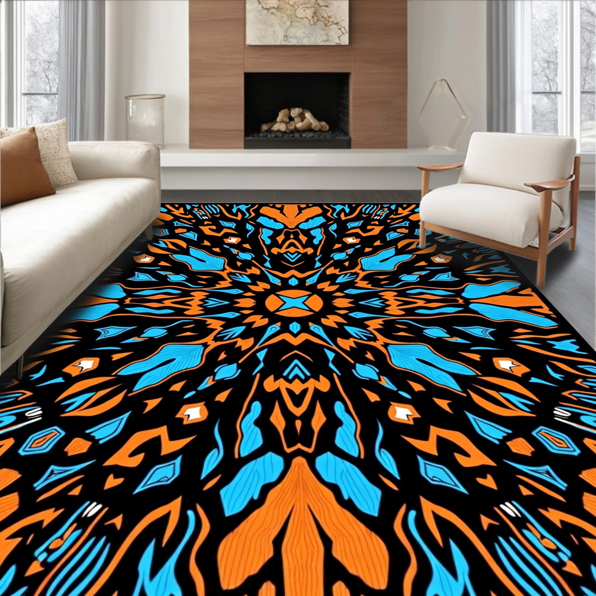 Bold Orange Blue Abstract Pattern Rug