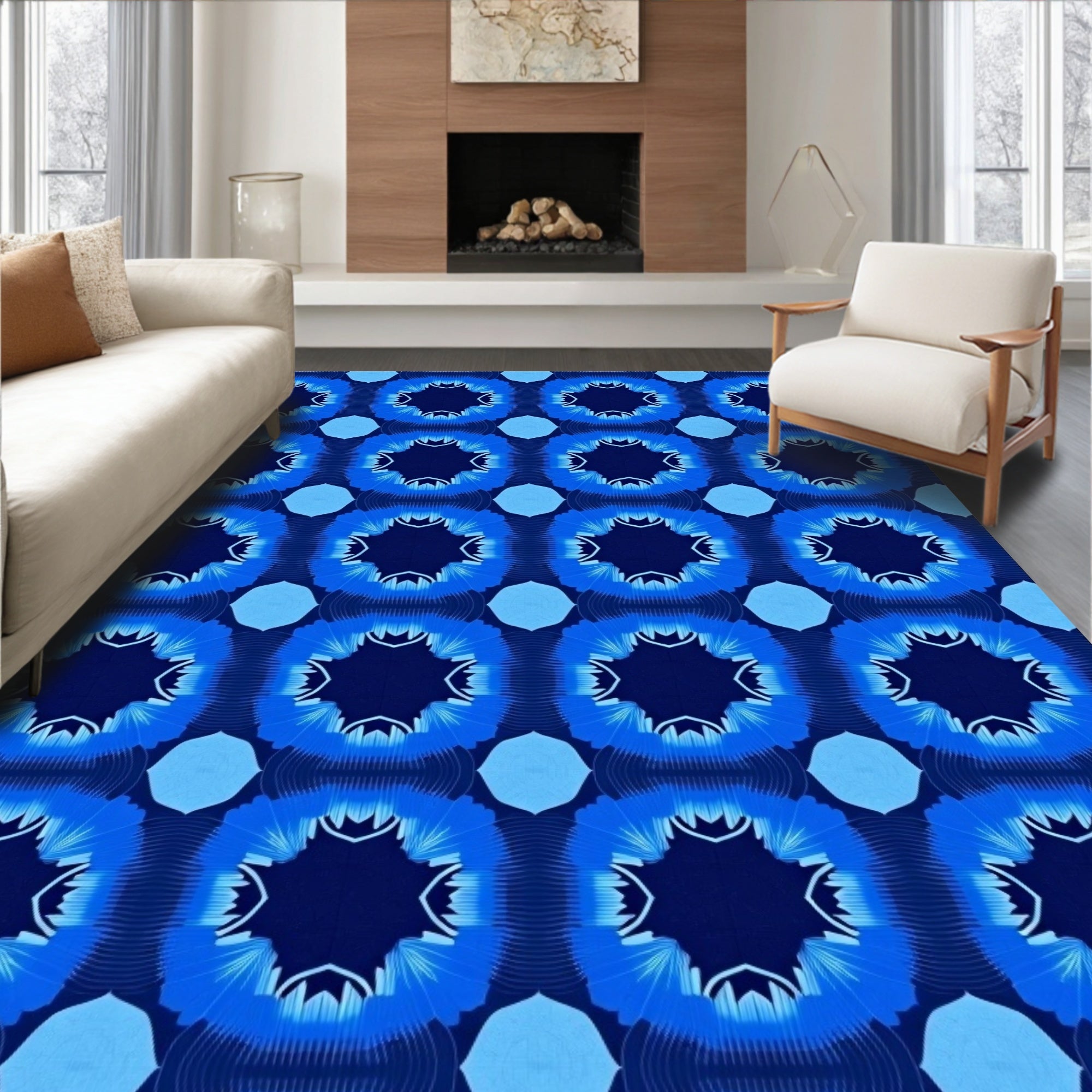 Blue Sunburst Geometric Pattern Rug