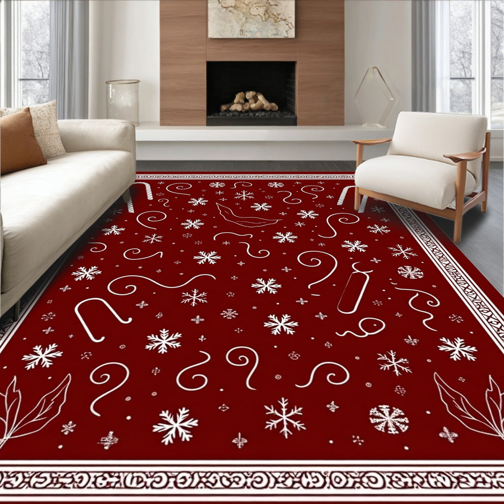 Crimson White Festive Snowflake Candy Cane Rug
