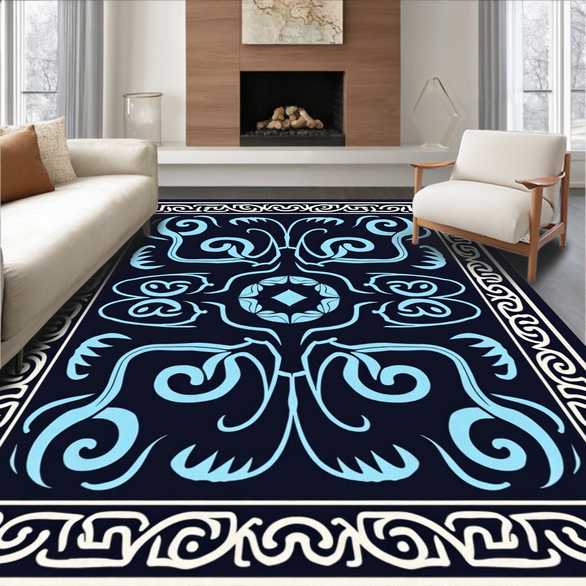 Antique Blue Floral Scroll Pattern Rug