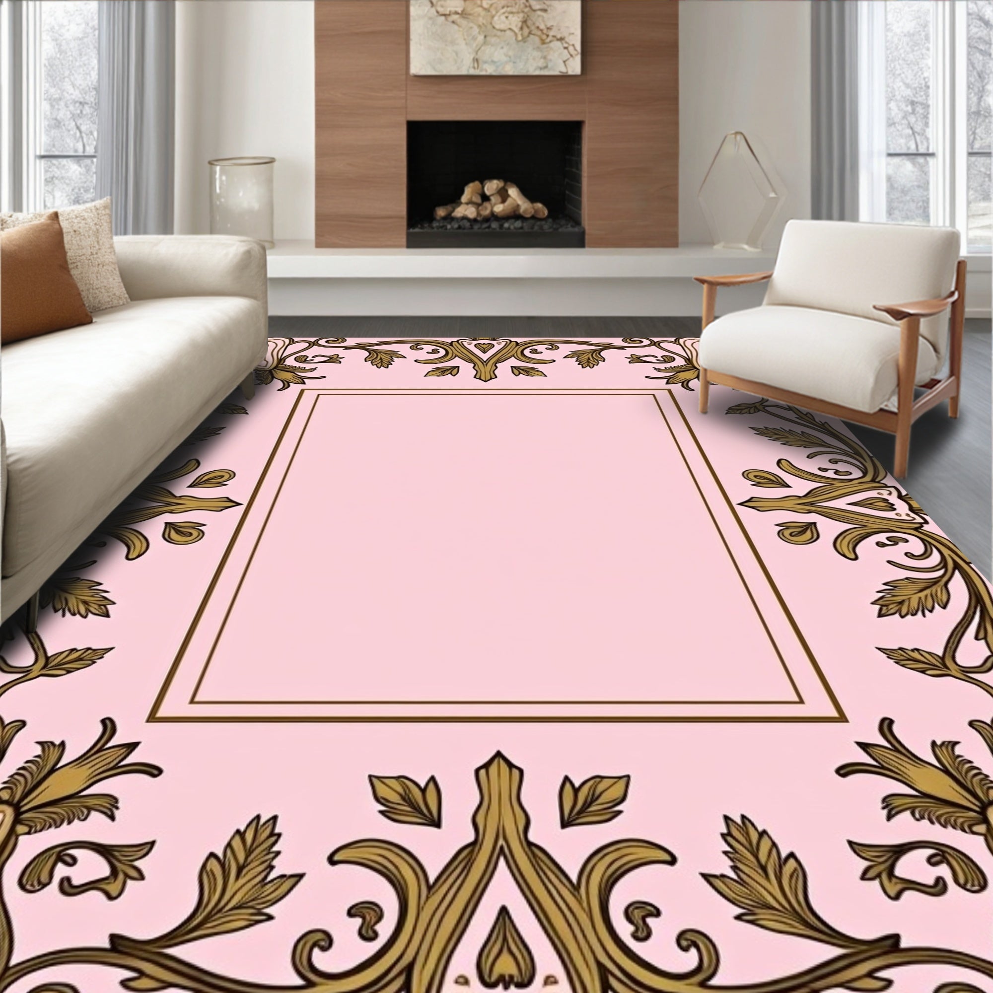 Ornate Floral Scrollwork Golden Vintage Rug