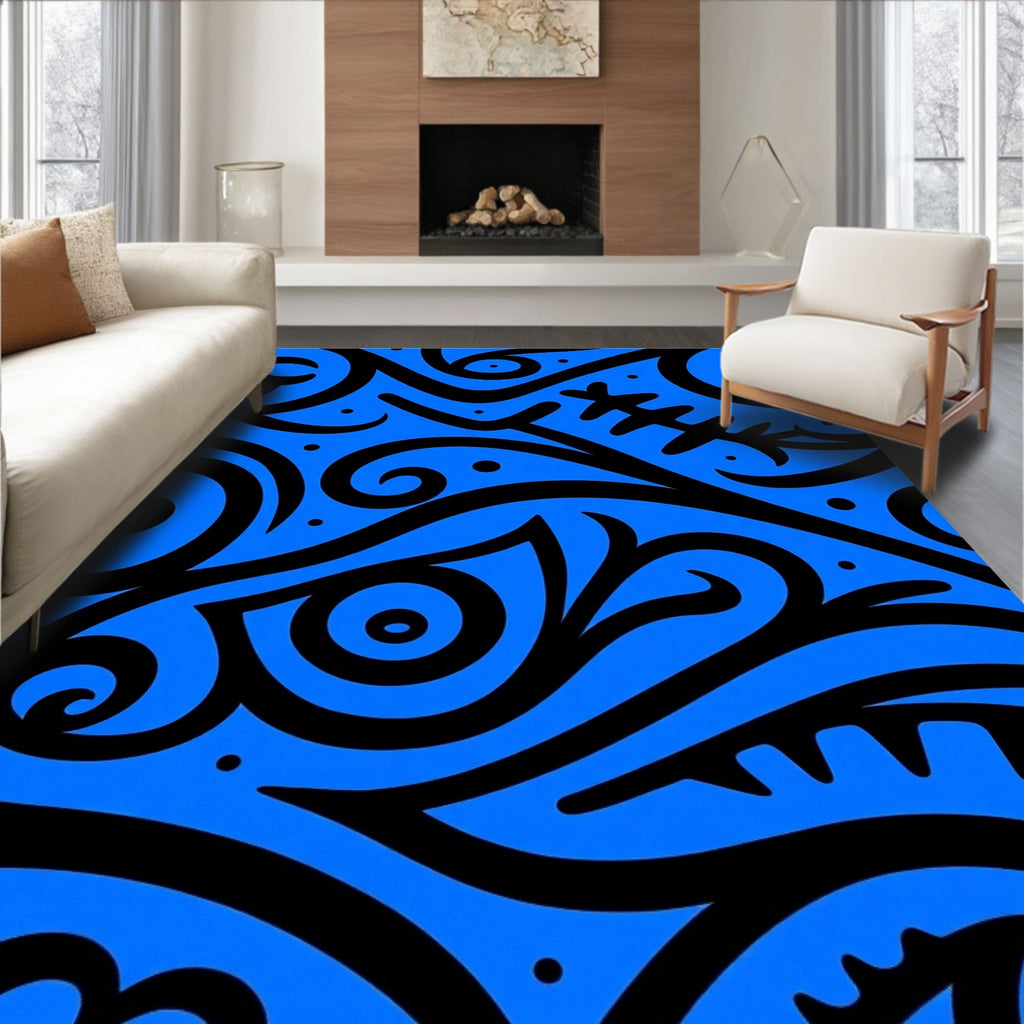 Bold Black Swirls Electric Blue Pattern Rug