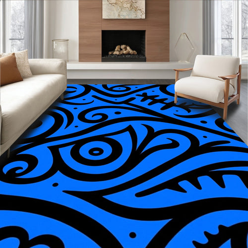 Bold Black Swirls Electric Blue Pattern Rug
