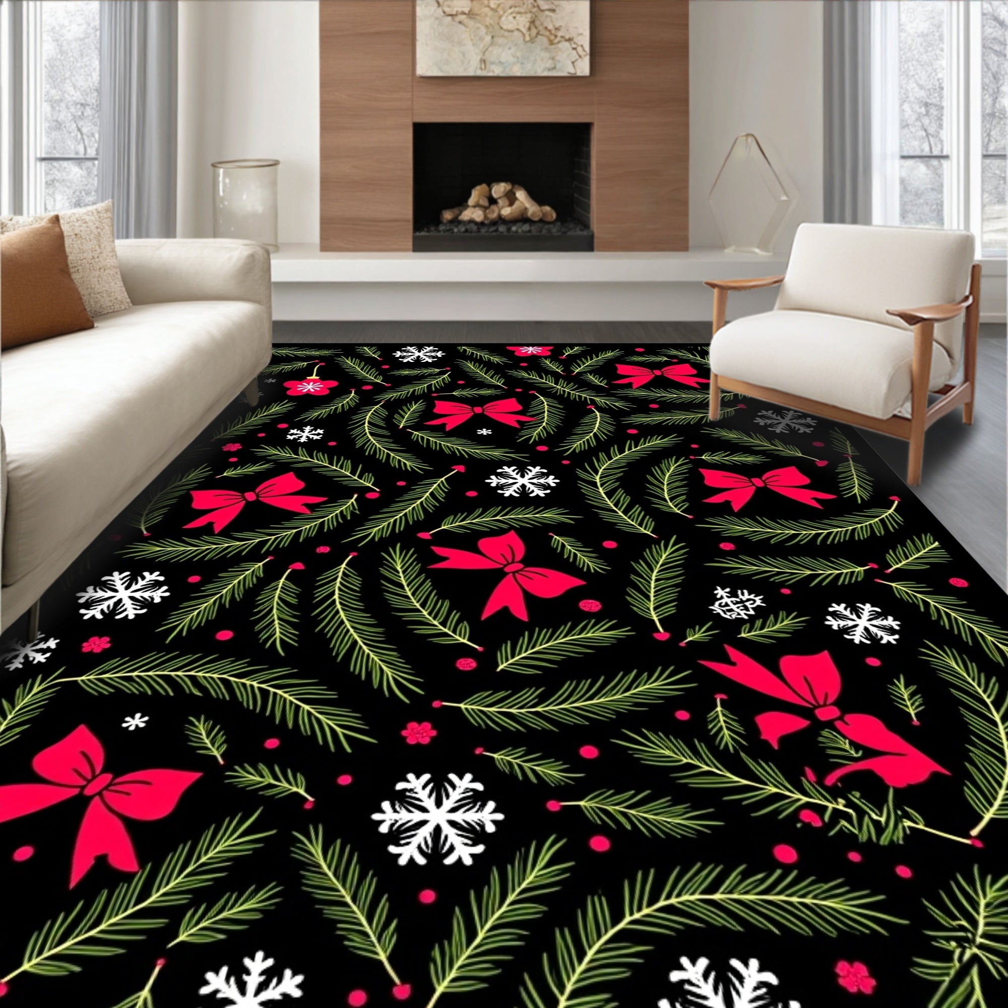 Festive Red Bow Pine Needle Garland Rug