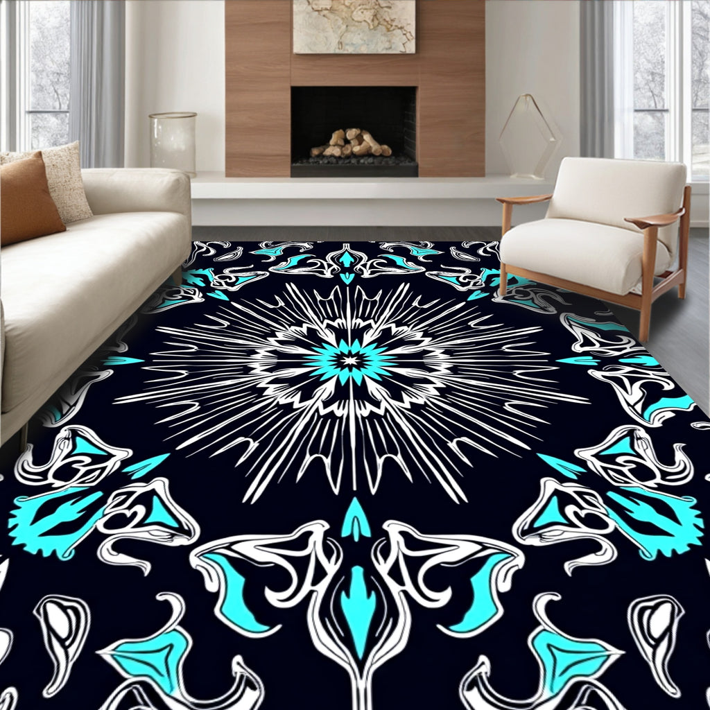 Striking Teal White Symmetrical Pattern Rug