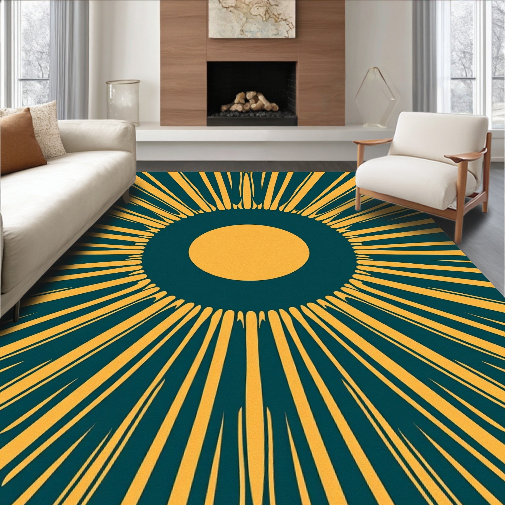 Radiating Yellow Sunburst Pattern Rug