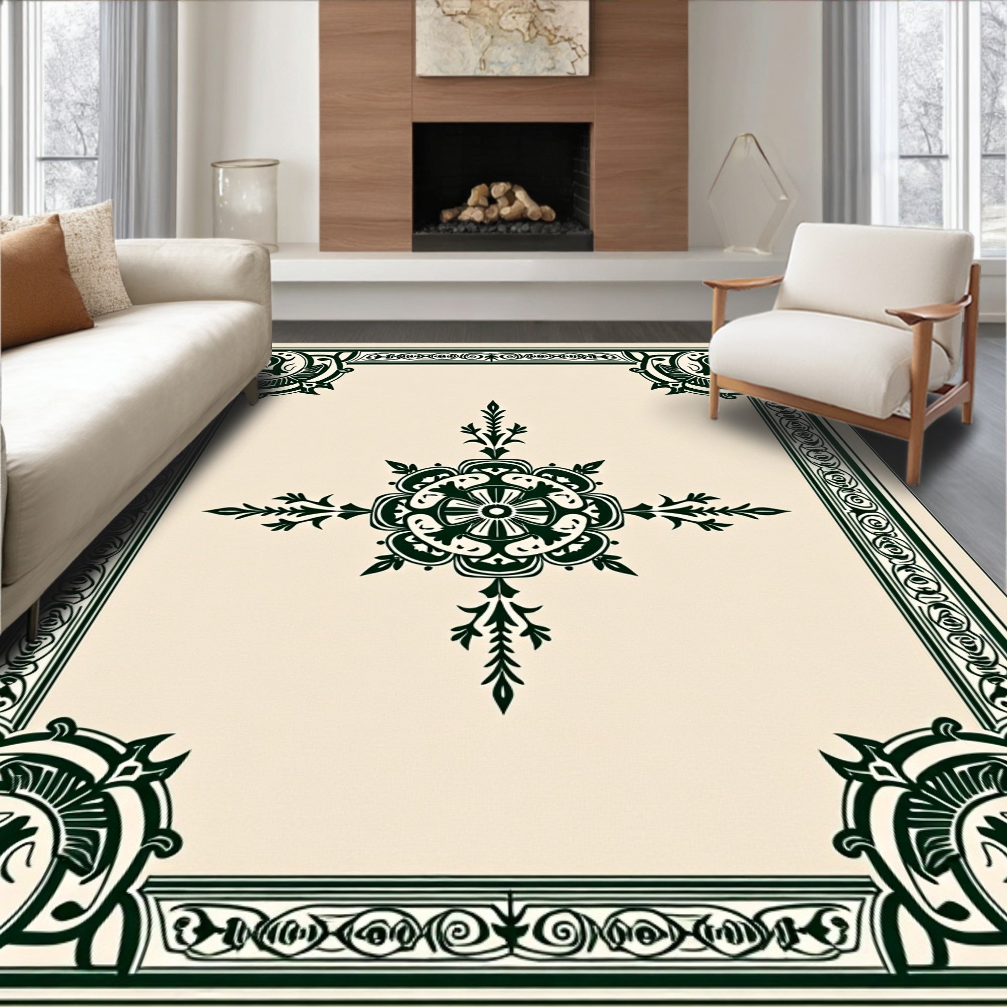 Dark Green Ornamental Floral Style Rug