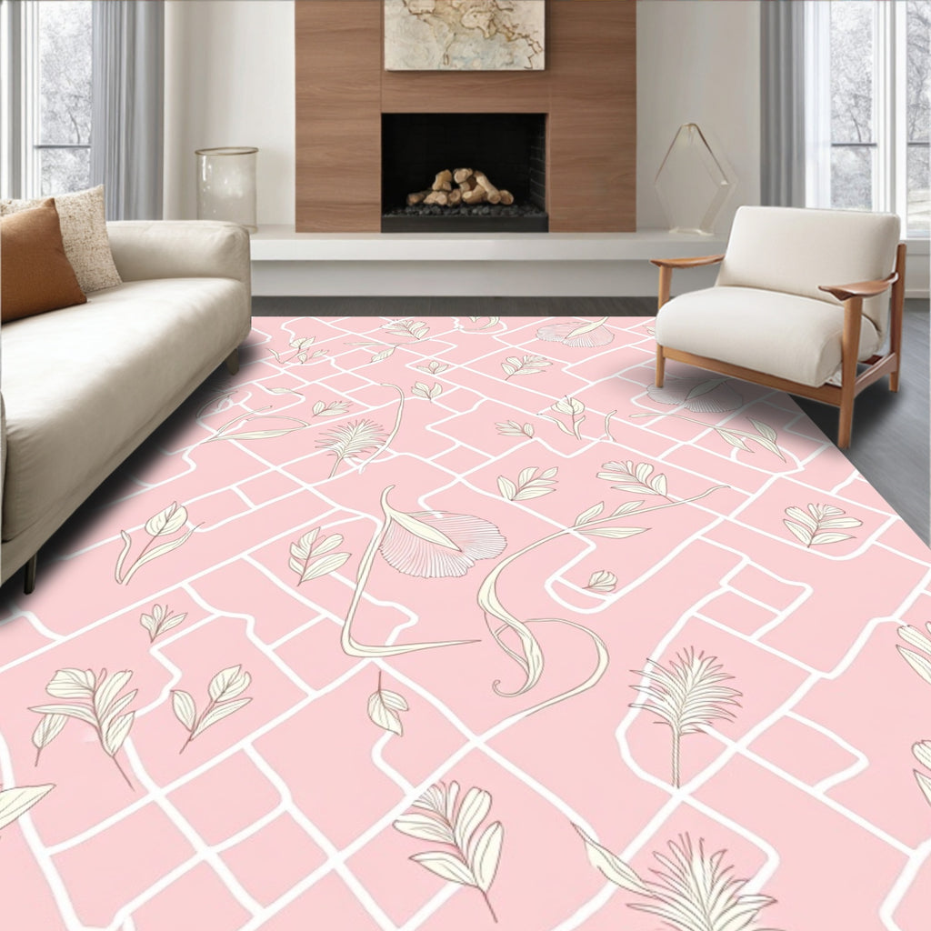 Delicate White Leaf Patterned Pink Rug
