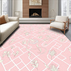 Delicate White Leaf Patterned Pink Rug