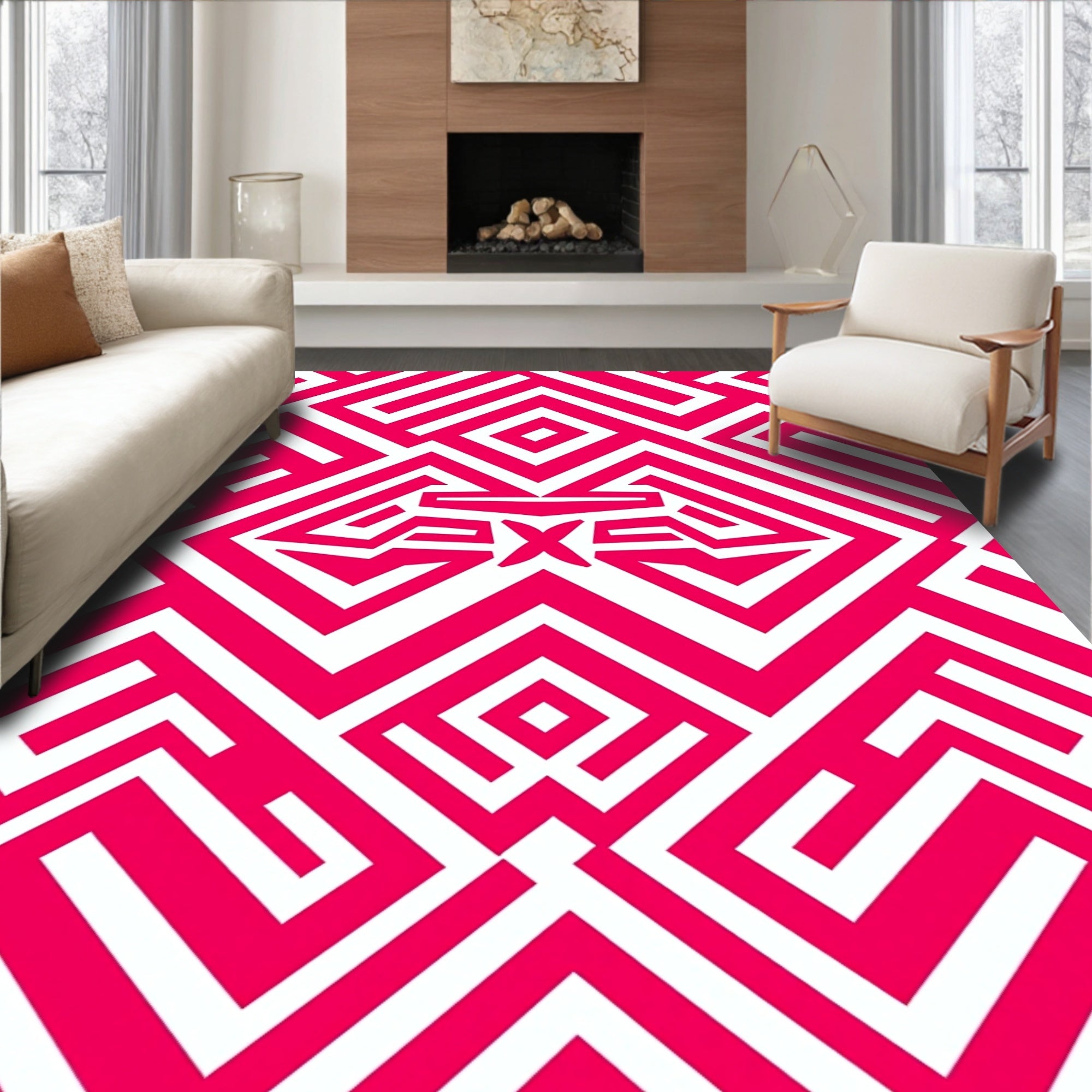 Vibrant Pink Geometric Maze Pattern Rug