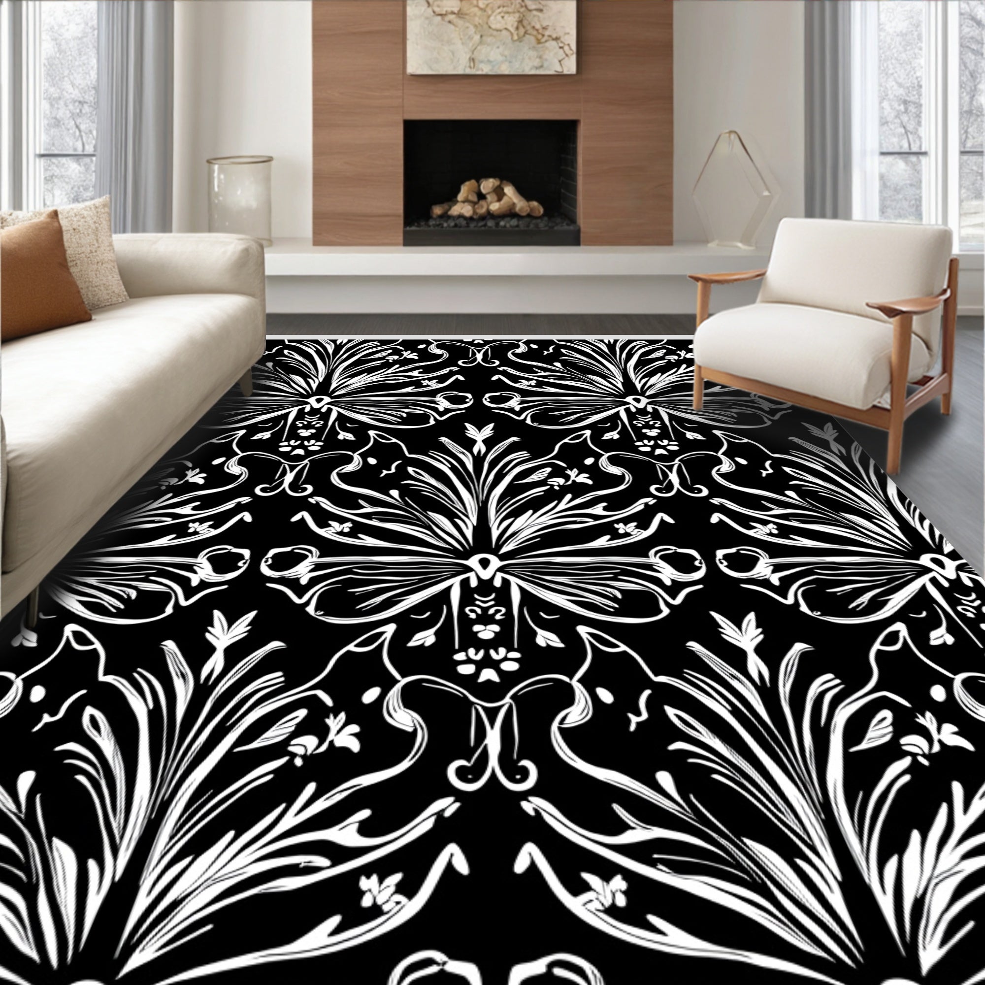 Bold Black Floral Art Nouveau Style Rug