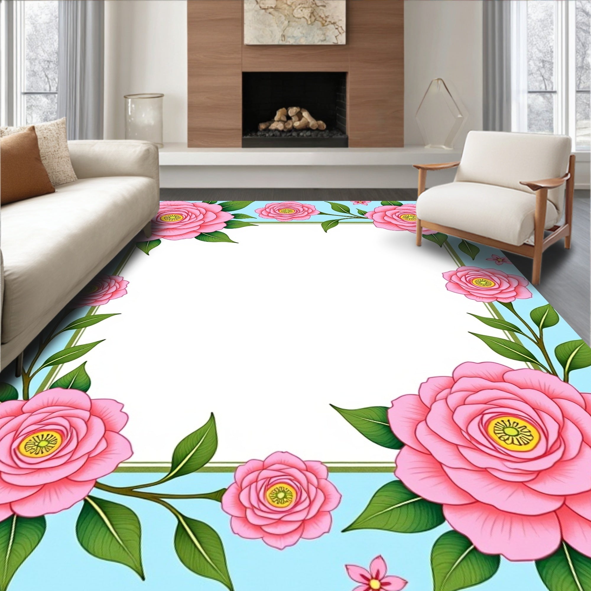 Pink Floral Border Design Rug