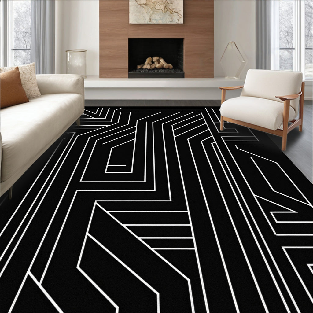 Bold White Geometric Maze Pattern Rug