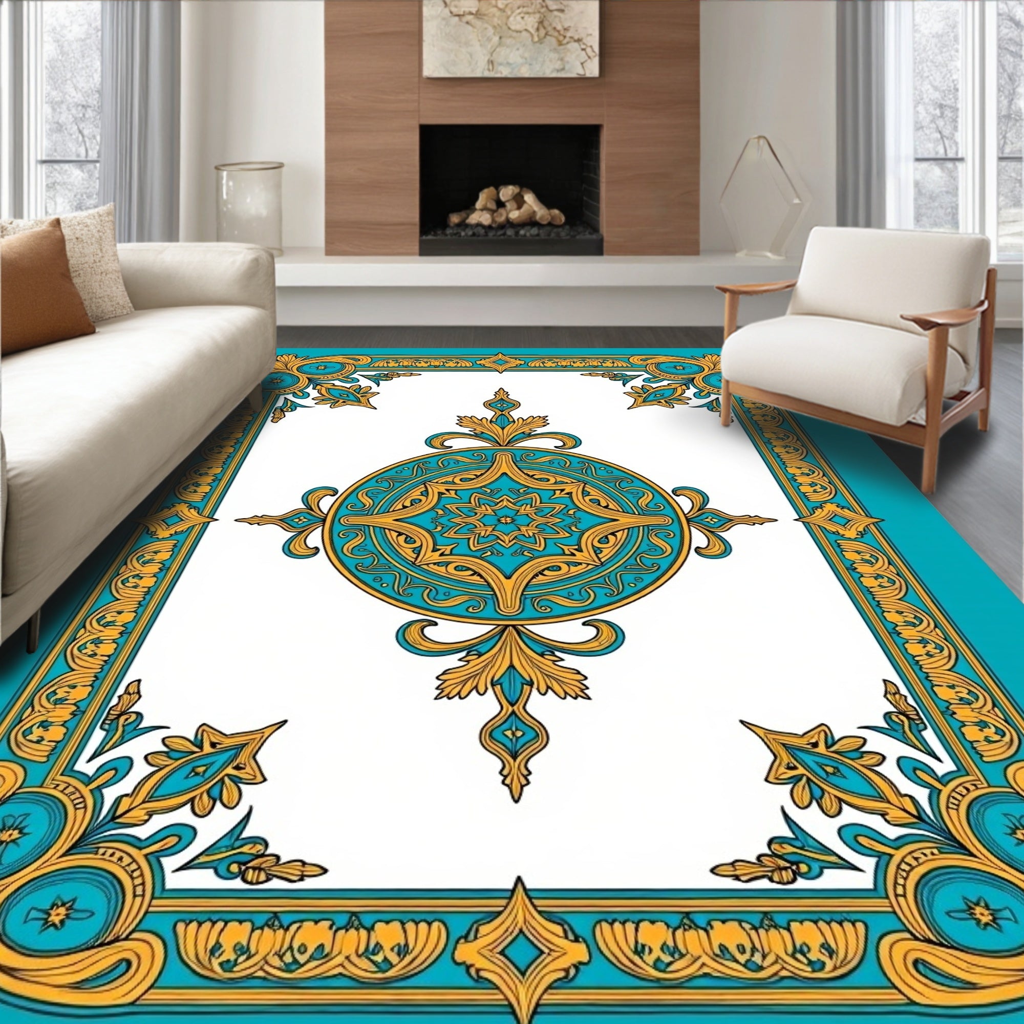 Ornate Teal and Gold Mandala Rug