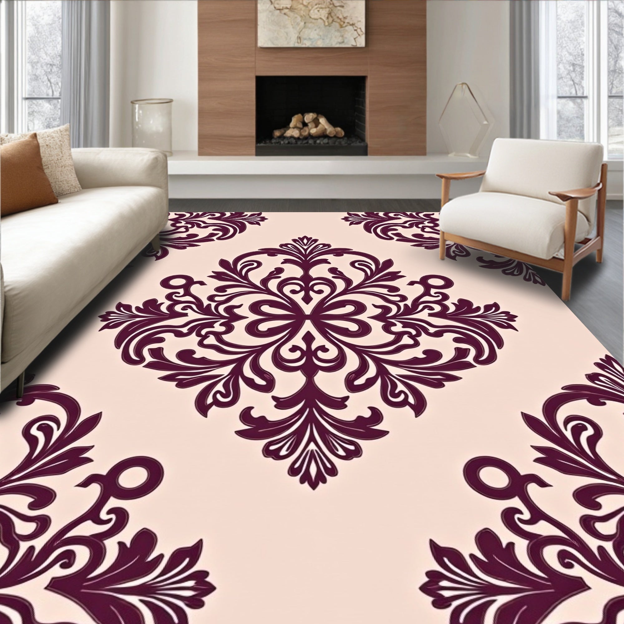 Rich Plum Damask Floral Pattern Rug