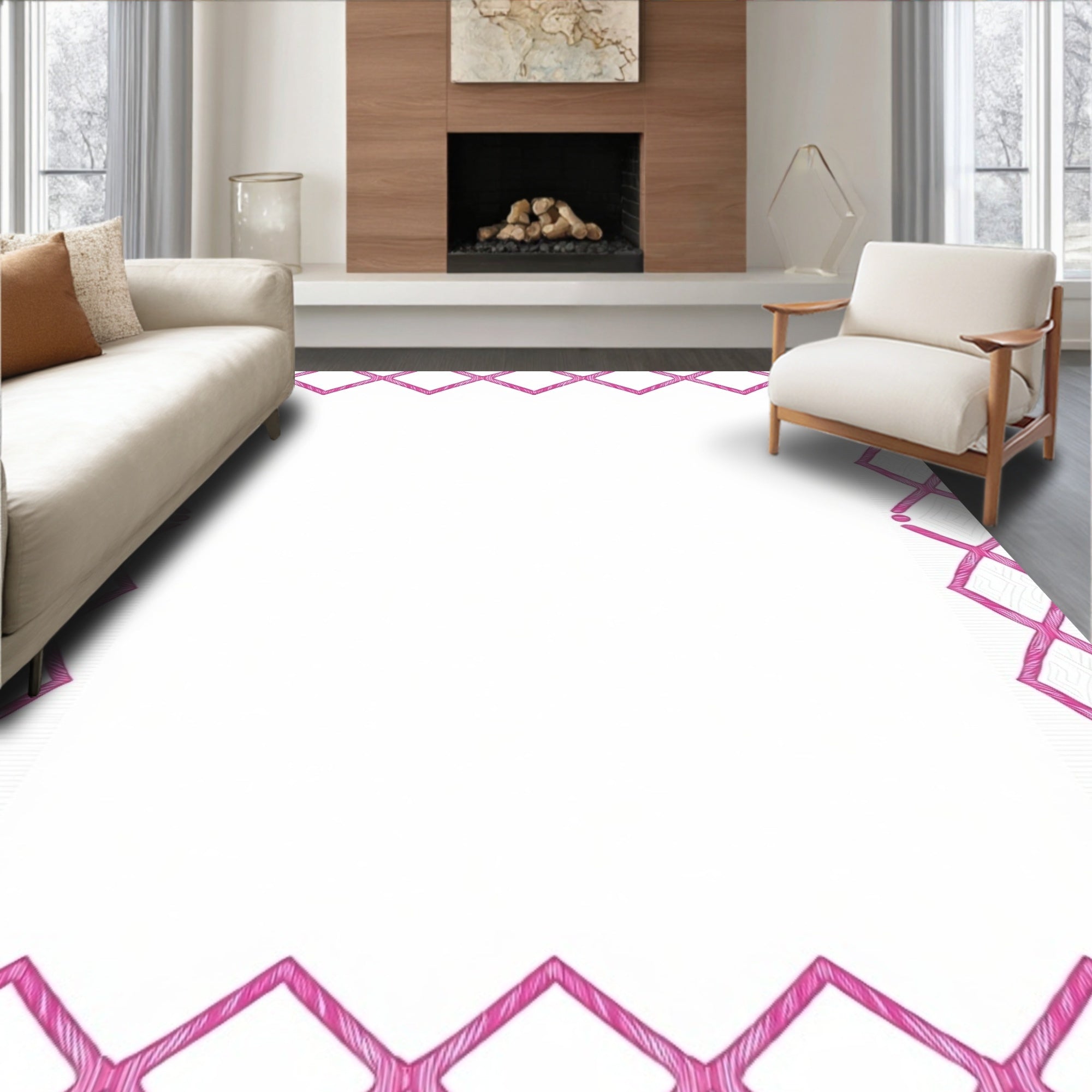 Pink Geometric Diamond Border Design Rug