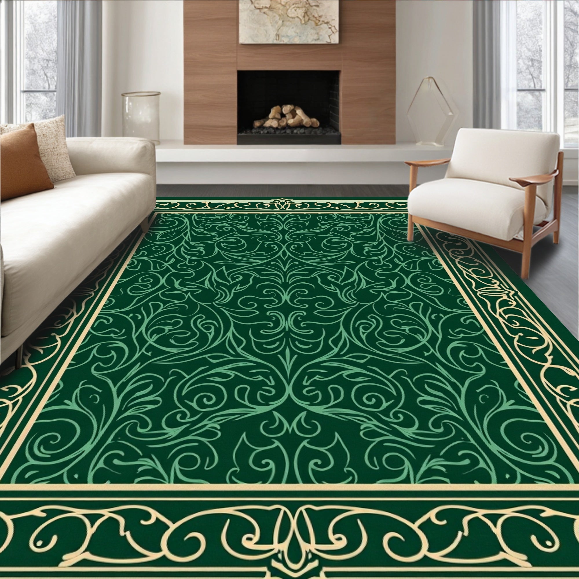 Elegant Emerald Floral Swirls Rug