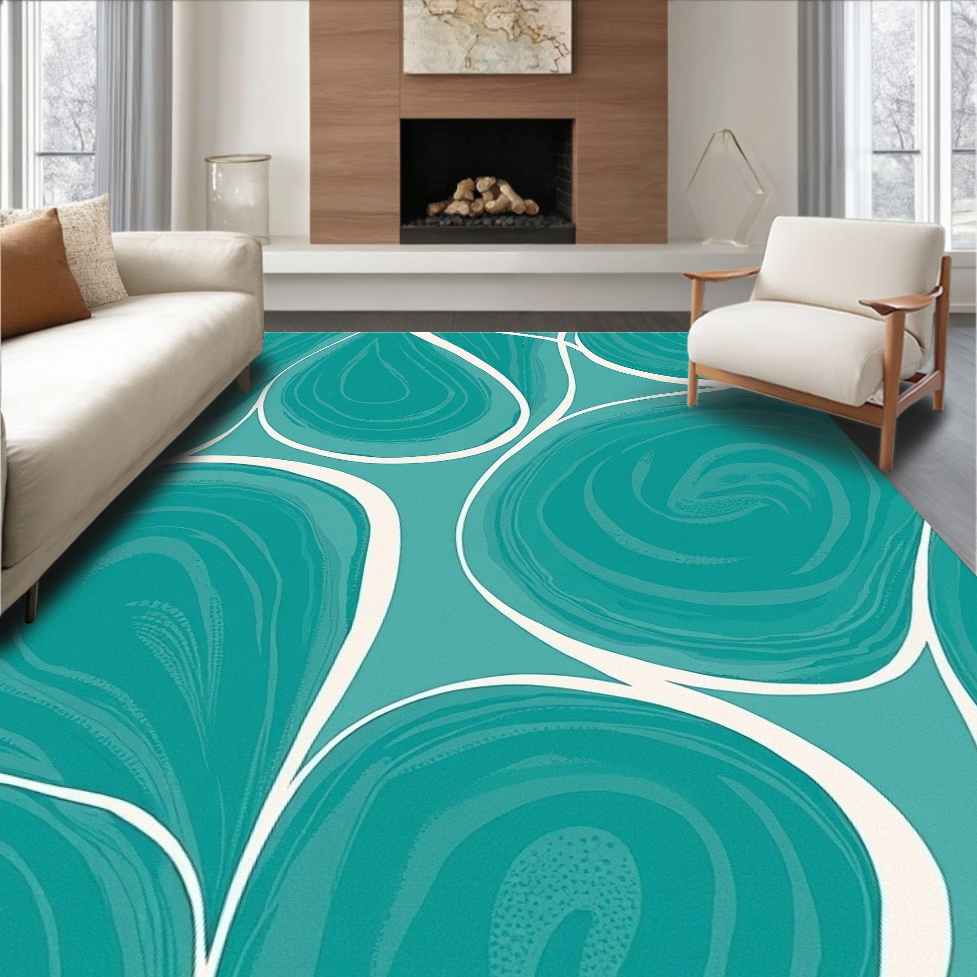 Teal White Organic Swirls Pattern Rug