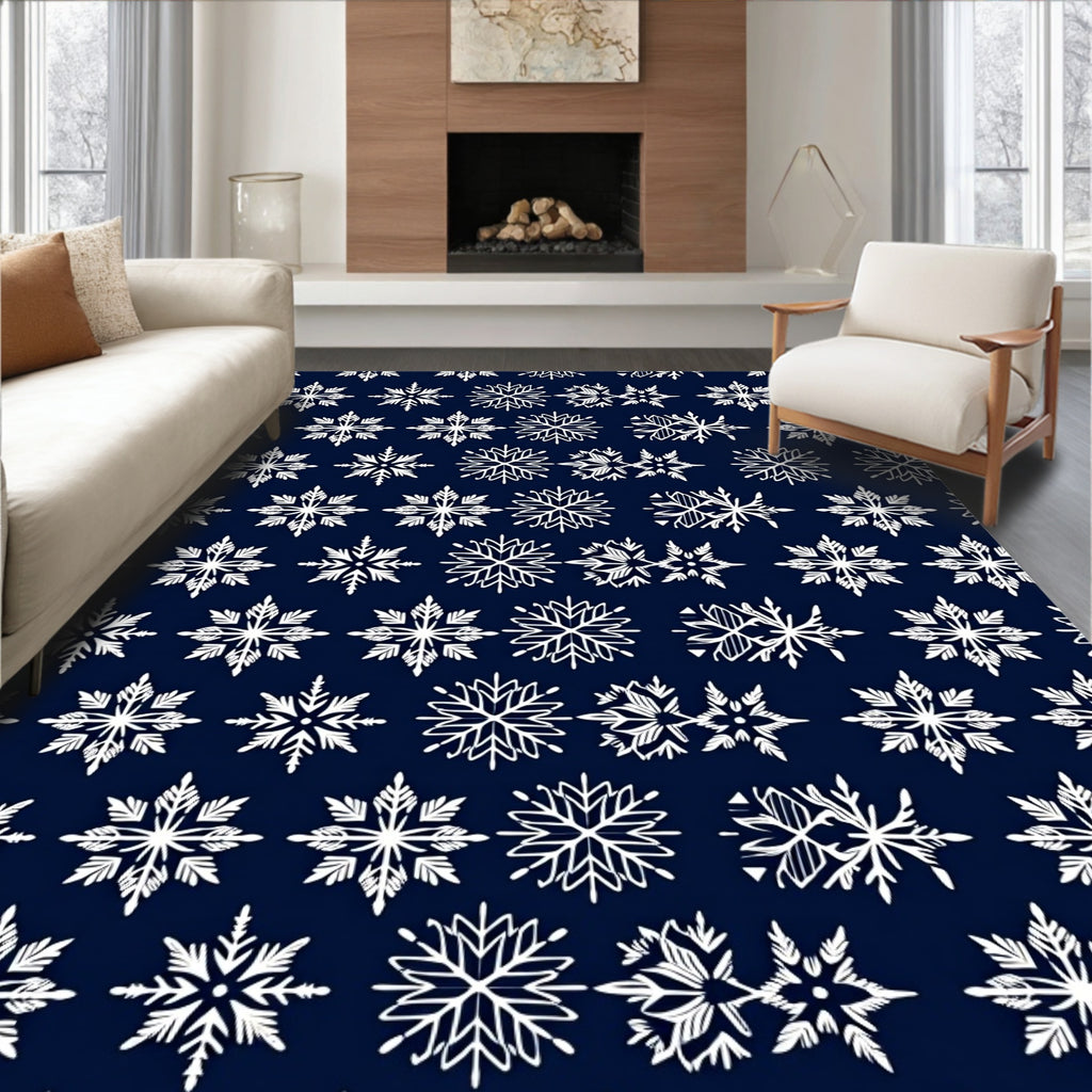 White Snowflake Patterned Navy Rug