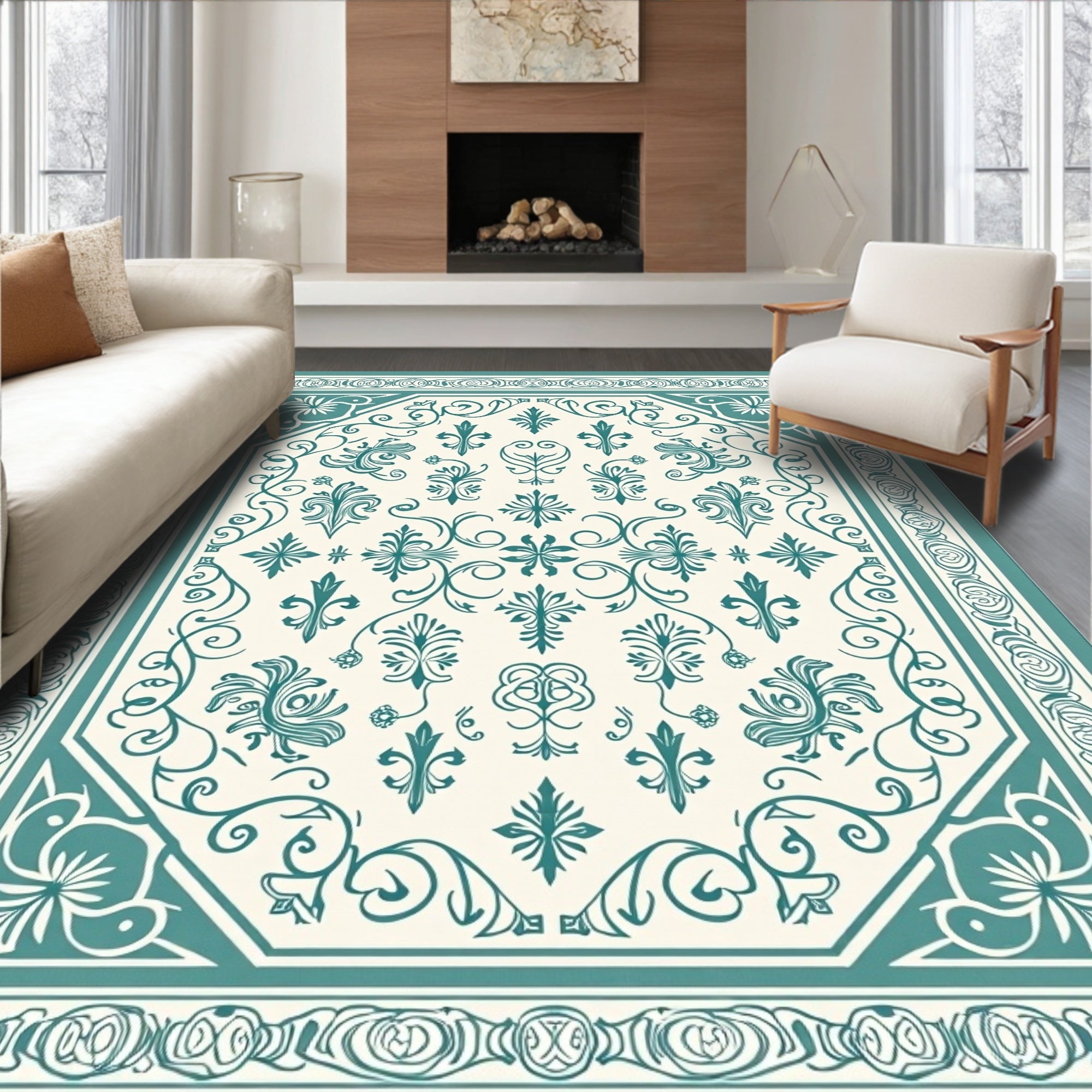 Classic Teal Floral Intricate Pattern Rug
