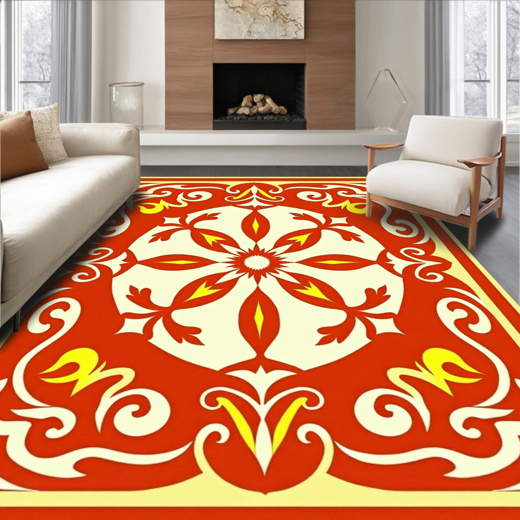 Radiant Red Yellow Medallion Motif Rug