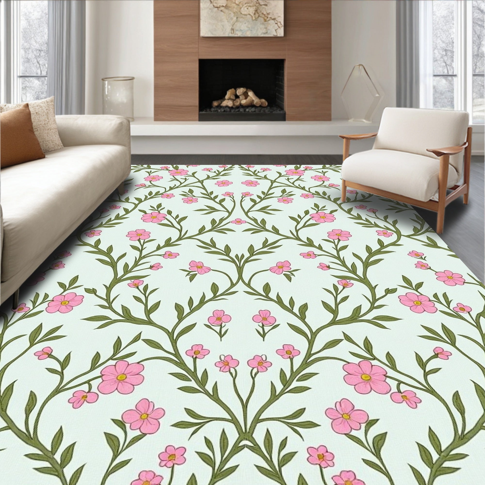 Pink Blossom Vine Pattern Rug