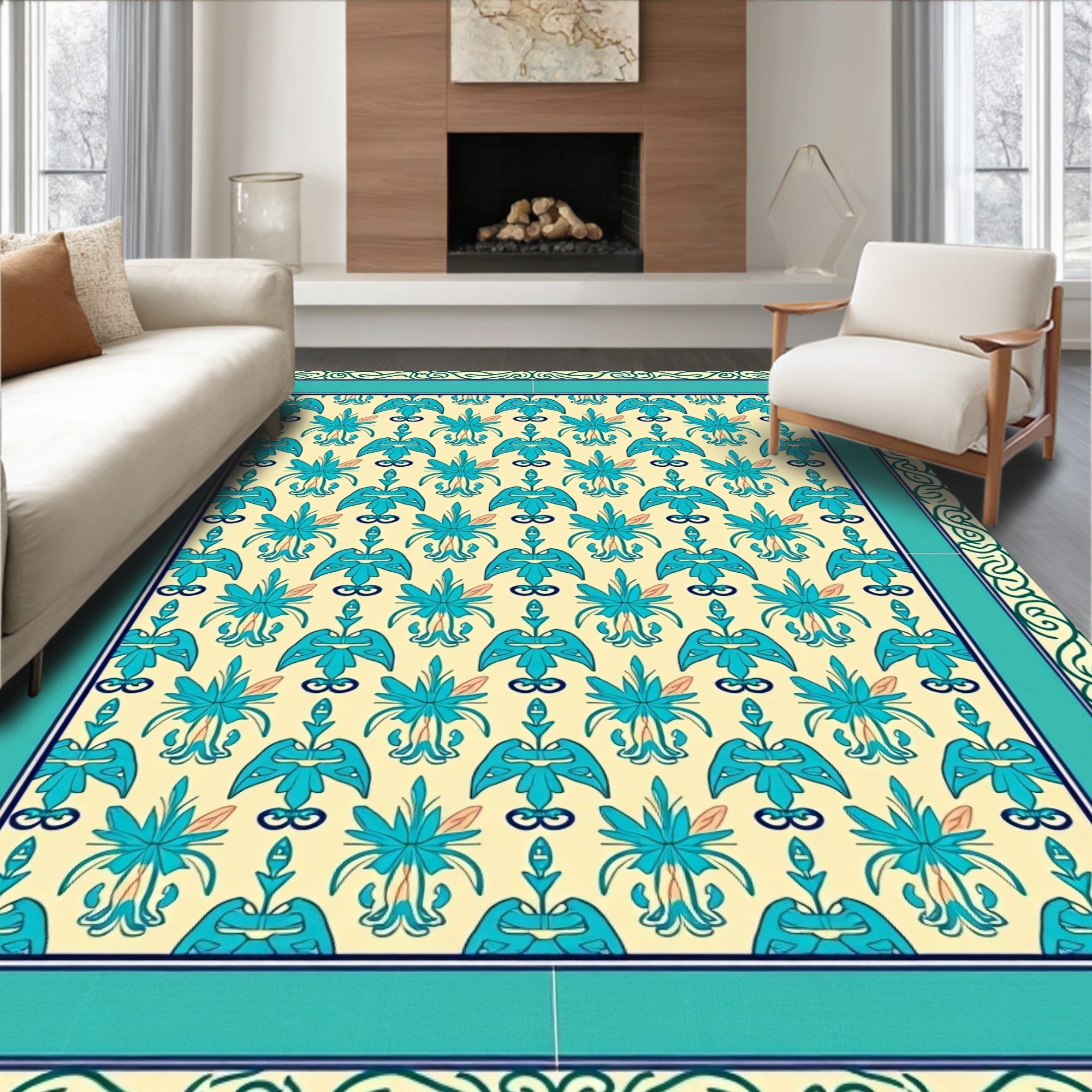 Aqua Floral Patterned Classic Rug