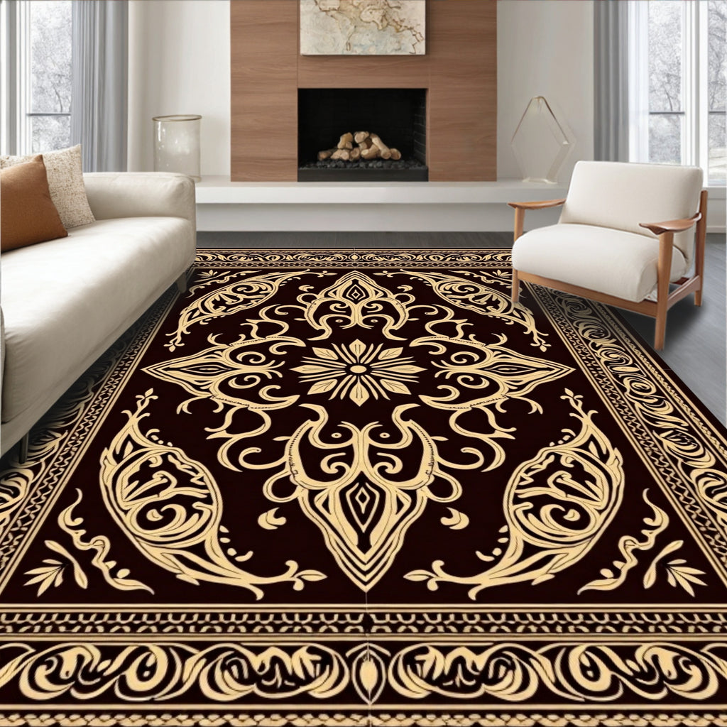 Elegant Tan Floral Scrollwork Design Rug